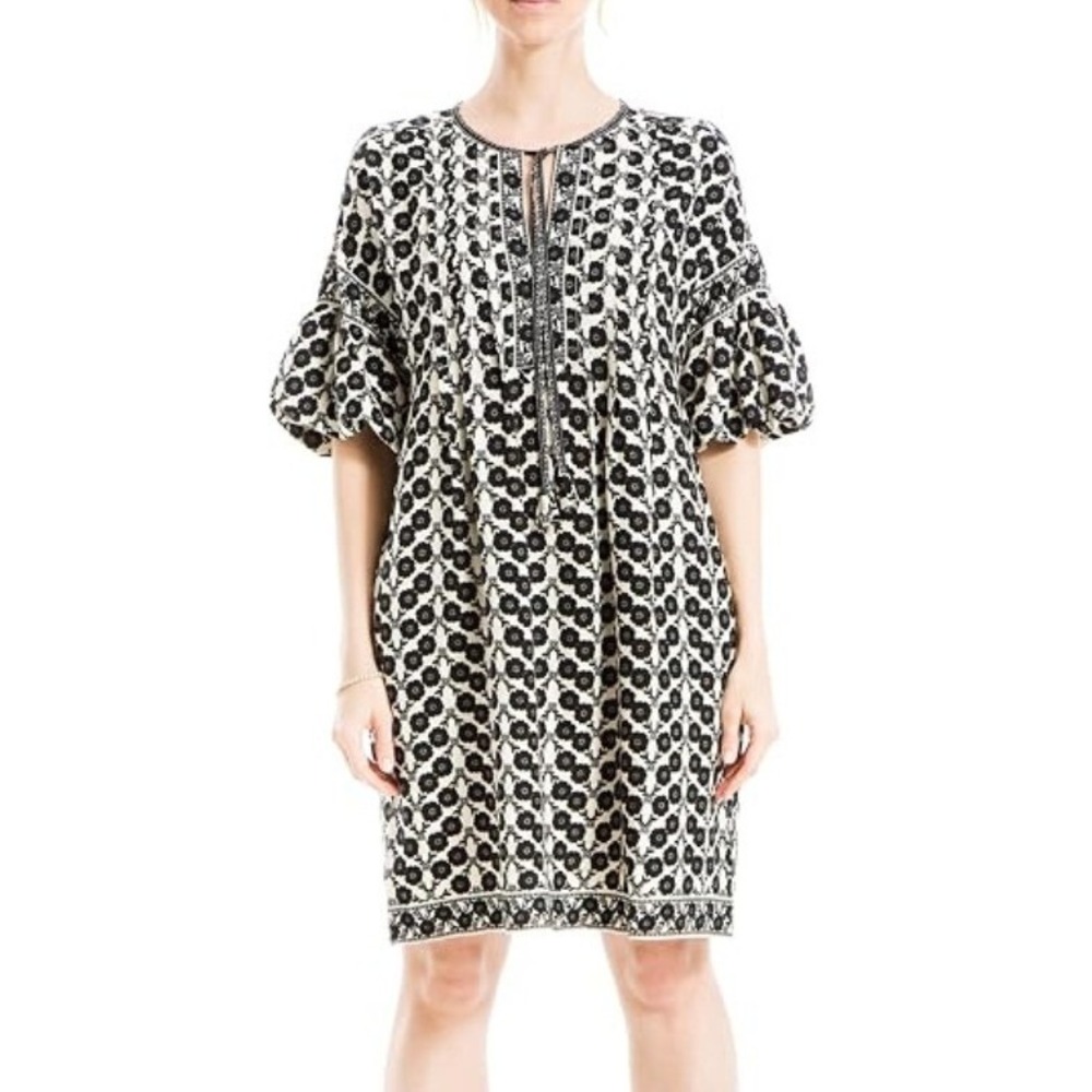 Max Studio Dress Womens Sz M Black Cream Floral Print Puff Sleeve Boho Mod NEW